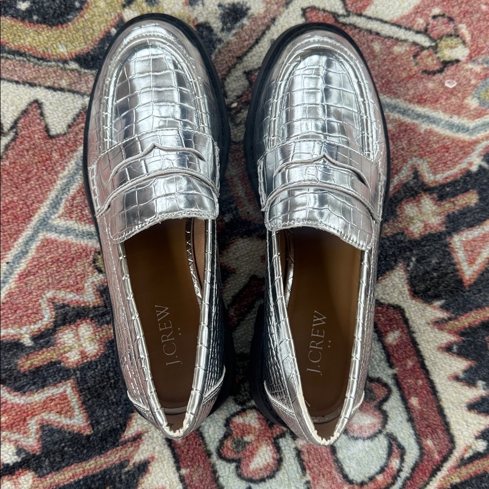 J Crew Winona Lug Sole Platform Silver Croc Embossed Loafers Metallic $228 - Picture 2 of 5